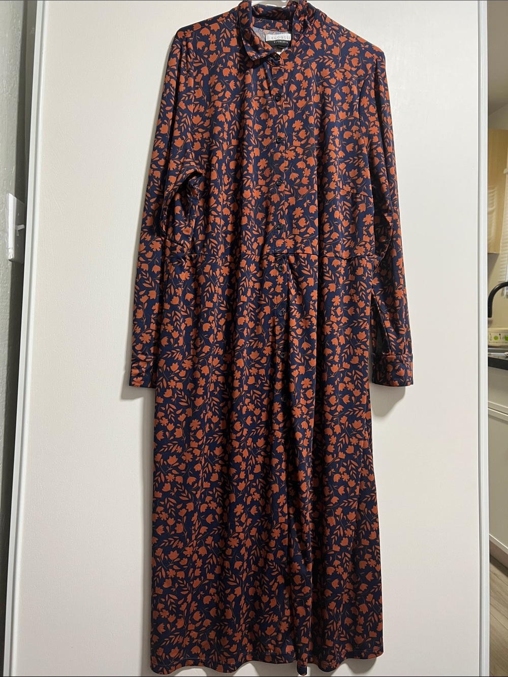 Eloquii Navy and Rust Floral Long Sleeve Maxi Dress Button Down Front size 22